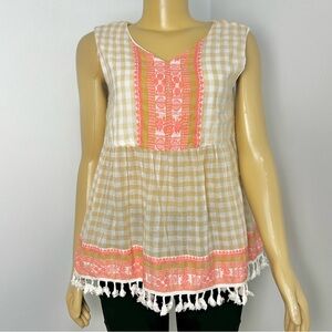 Ivy Jane‎ Womens Gingham Embroidered Tassel Babydoll Top Tan Pink Style 650043 S